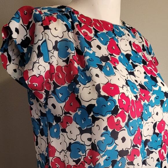 Vintage 70s Sharpley Floral Top Small Kitschy Grannycore Retro Bright Semi Sheer - Picture 3 of 9